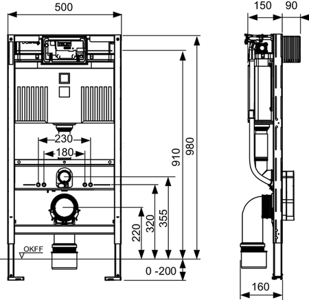 TECEprofil stelaż WC ze spłuczką Uni do uniwersalnego przyłączenia toalety myjącej, wysokość montażowa 980 mm
