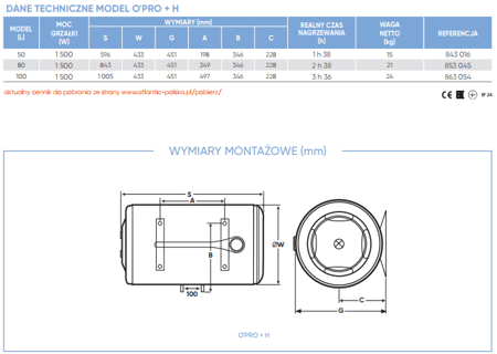 Atlantic Opro+H  100L podgrzewacz poziomy bojler